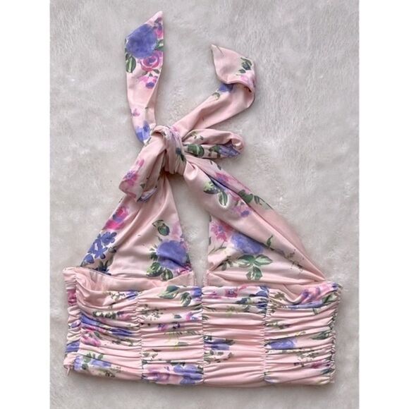 NWT Zara Floral Print Corset V-Neck Halter Neck Tie Crop Top in Pale Pink - Picture 10 of 16